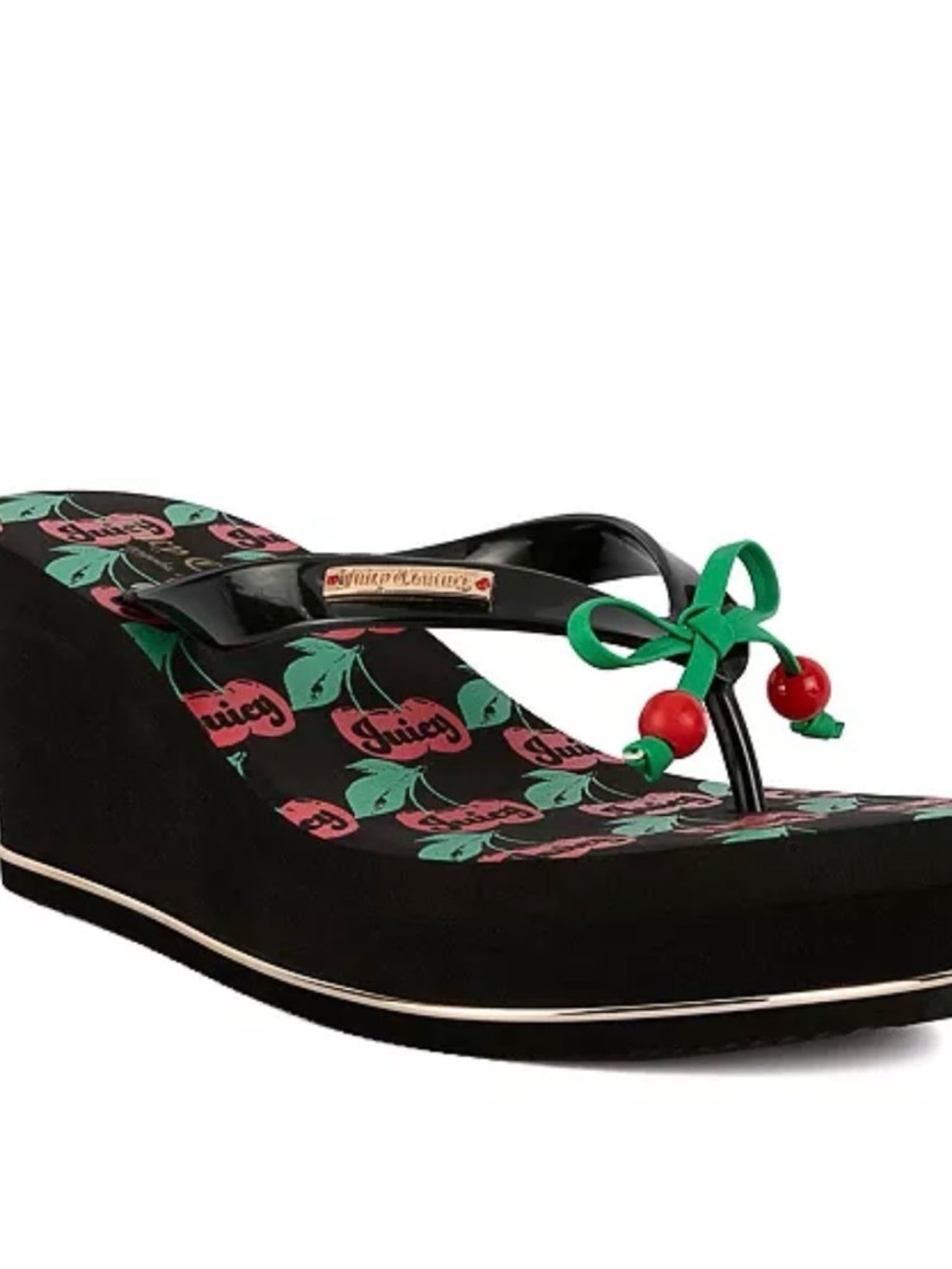NWT Juicy Couture Black Wedge Flip Flops with Red Cherry Accents - Picture 4 of 6